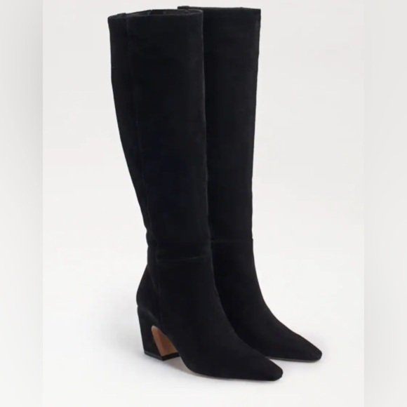SAM EDELMAN Sulema Knee High Suede Heel Boot Black Leather Zipper Closure - Picture 1 of 7